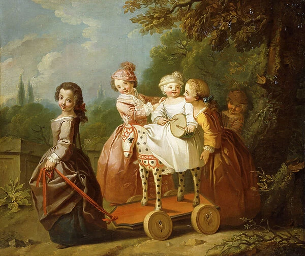 A Young Boy on a Hobbyhorse, with other Children Playing in a Garden, (oil on canvas)