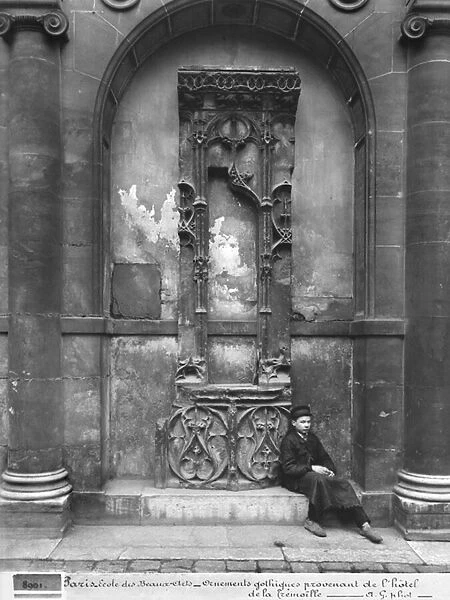 Young Boy Seated Outside the Ecole Nationale des Beaux-Arts, Paris, 1890-1900 (b  /  w photo)