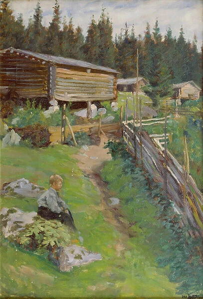 Young boy at the summer pasture (painting)