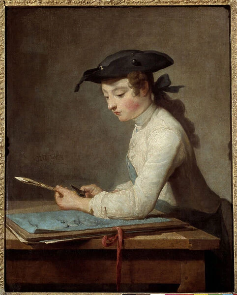 Young cartoonist carving his pencil. Painting by Jean Baptiste Simeon Chardin (1699-1779)
