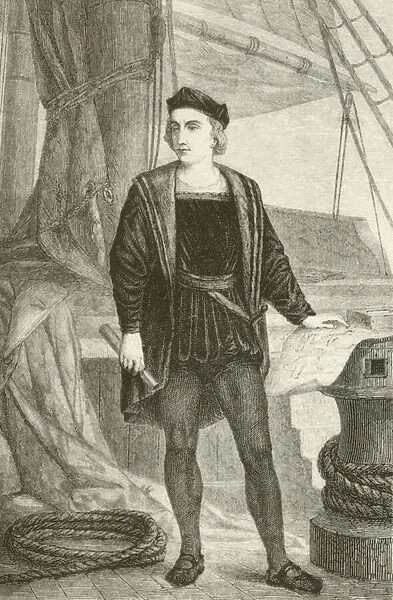 A young Christopher Columbus (1451-1506), Genoese explorer (litho)