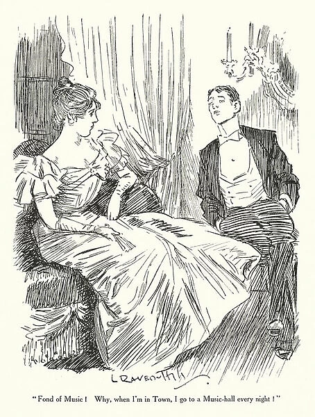Young couple discussing music (litho)