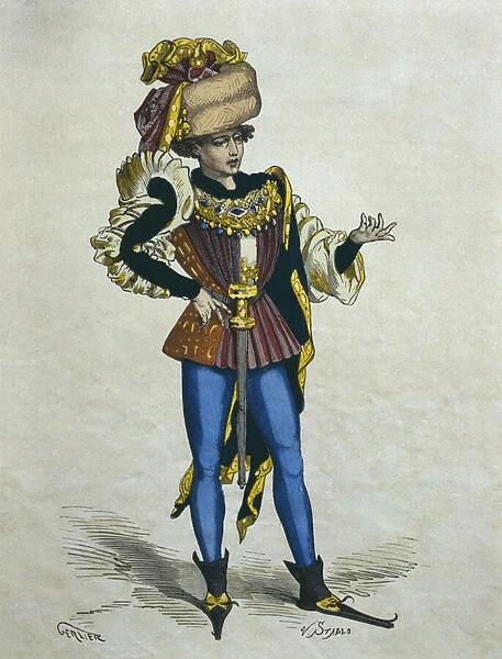 Young elegant man in 1480, illustration from Costumes de Paris a travers les