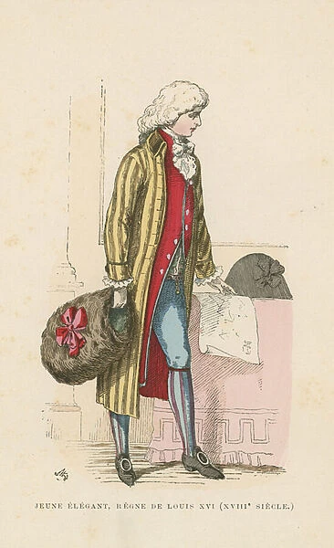 Young French dandy of the reign of Louis XVI, 18th Century (coloured engraving)