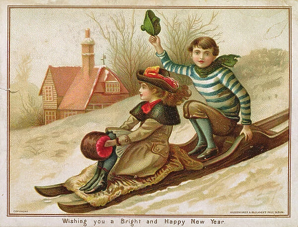 Young Girl and Boy Tobogganing, Victorian Christmas and New Year card