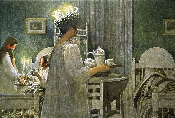 young girl with candles crown on the hair during Saint Lucy day, Illustration 1916