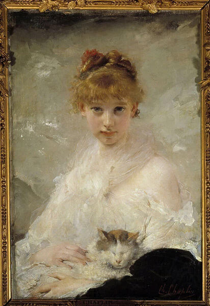 Young Girl with Cat Painting by Charles Chaplin (1825-1891) 19th century Compiegne