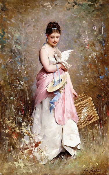 Young Girl with Doves, (oil on canvas)