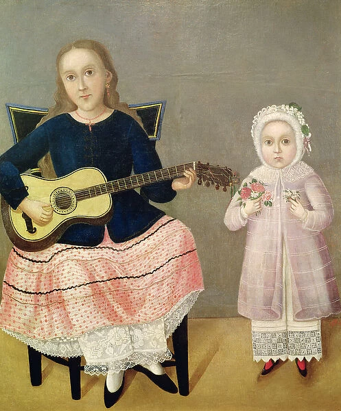 Young Girl with a Guitar and Child with a Bouquet (oil on canvas)