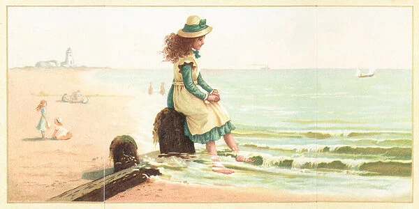 Young Girl Paddling Feet in the Sea, Card (chromolitho)