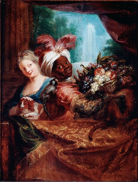 Young girl stroking a dog and black servant presenting a basket of fruit A little monkey
