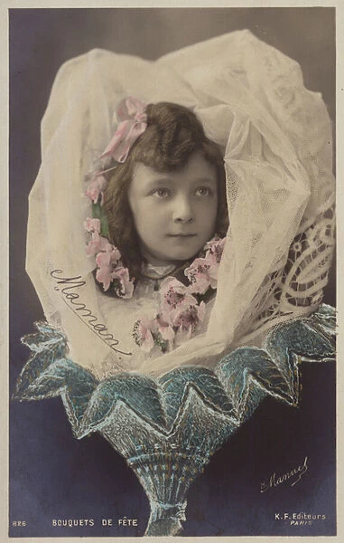 A young girl in a veil presented as a bouquet of flowers (tinted photocollage)