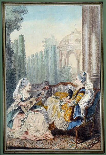 Two young girls doing Watercolour music by Louis carrogis dit Carmontelle (1717-1806