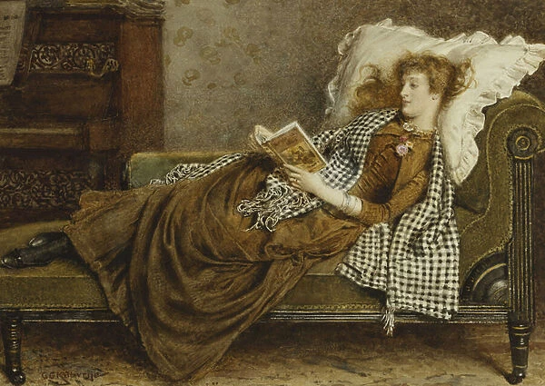 A Young Lady Reading in an Interior, (pencil and watercolour)