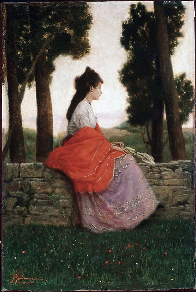Young lady waiting for something, seated on a little wall - Painting by Federico