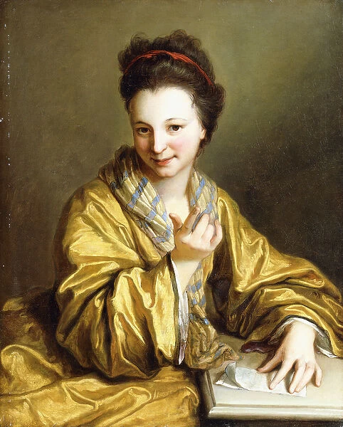 A Young Lady, Wearing a Yellow Robe, seated at a Table, Beckoning, 1703 (oil on canvas)