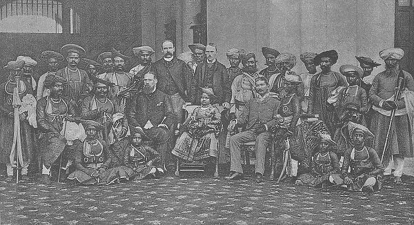 The Young Maharaja of Gwalior with his guardian Sir Lepel Griffin and court, c. 1886