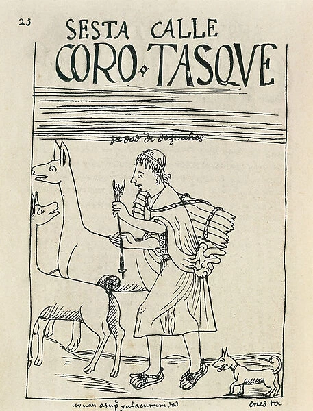 A young man herding llamas and gathering wood (Ink drawing, 16th century)
