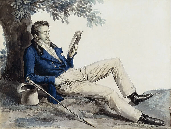 A Young Man Reading under a Tree, (pen and ink, watercolour)