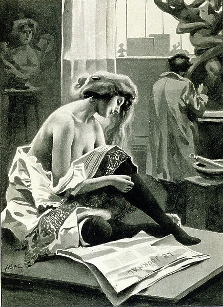 A young model woman gets dressed after the pose. Behind him, the sculptor works on his work. Illustration by Ferdinand Sigismund Bac (1859-1952) 20th century