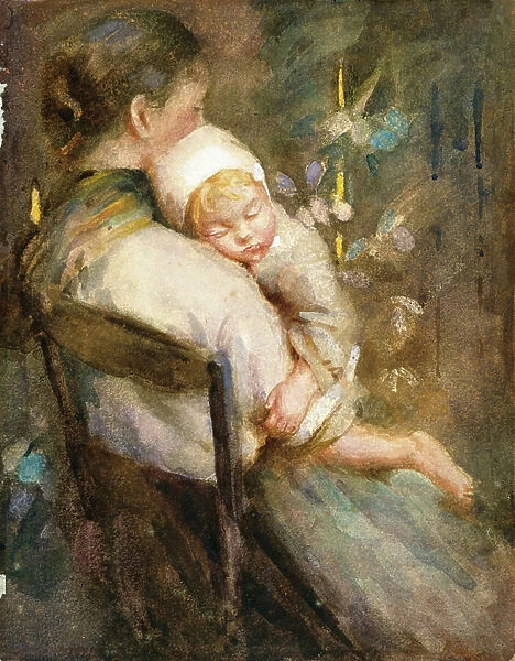 Young Mother with Child Asleep in her Lap (w / c on paper)