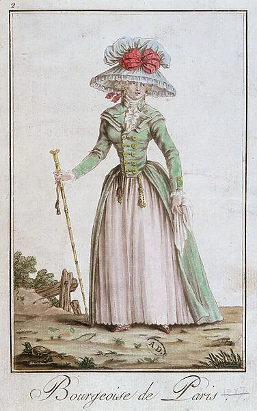 Young Parisian Bourgeois Woman in a walking dress, 1787 (coloured engraving)