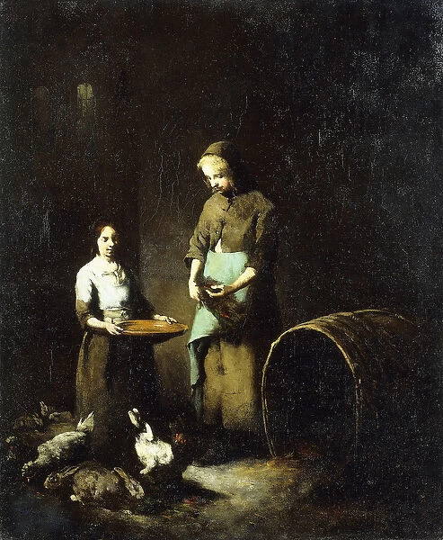 Young Peasant Girls Feeding Barnyard Animals, (oil on canvas)