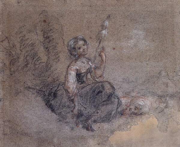 A Young Shepherdess Spinning (red & white chalk and charcoal on paper)