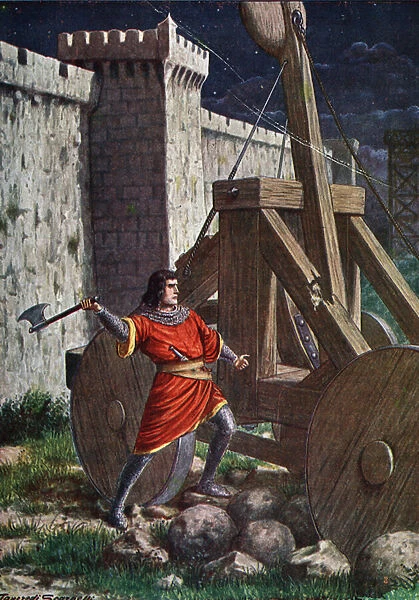 A young soldier sabotages on nights the catapults of the saracens during the siege of Salerno by the muslims, Italy, 871 Illustration by Tancredi Scarpelli (1866-1937) taken from 'Storia d Italia'