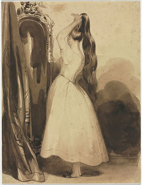 Young Woman Combing Her Hair, 1800s, before 1857 (graphite and brown wash on off-white wove paper)