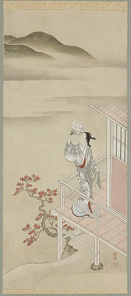 Young woman with a fan on a verandah admiring maple, Hanging scroll