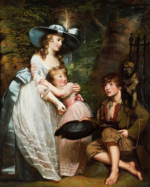 A Young Woman and Girl Offering Charity to a Kneeling Beggar Boy with a Monkey on his Shoulder (oil on canvas)