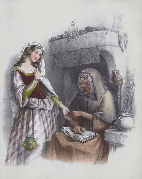 Young woman having her palm read by an older woman (colour litho)