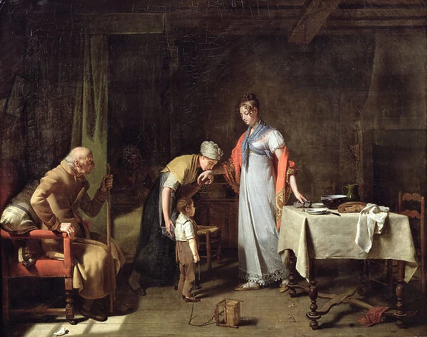 Young Woman Helping an Unfortunate Family (oil on canvas)