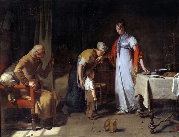 A young woman helping an unhappy family Painting by Martin Drolling (1752-1817