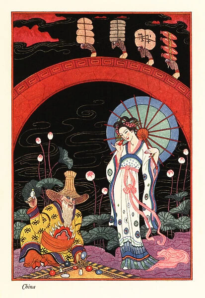 A young woman with lacquer parasol smelling a perfume flask, 1928 (print)