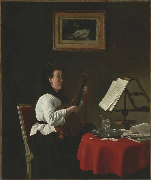 Young Woman with a Mandolin, Portrait of Louison Kohler, c.1873-74 (oil on fabric)