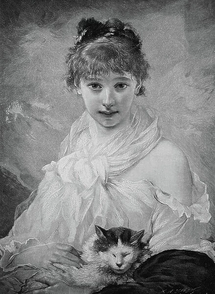 Young woman stroking her cat, 1880, Germany