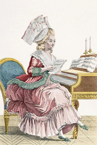 Young Woman Studying Music at her Harpsichord, engraved by J