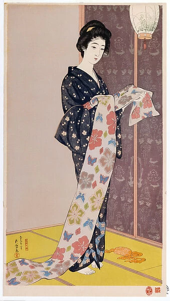 Young woman in a summer kimono, 1920 (colour woodblock print)