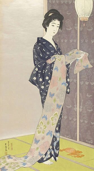 Young woman in a summer kimono, 1920 (colour woodcut)
