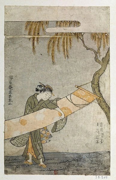 Young woman tending a kakemono attaches to a tree. Japanese print by Harunobu Suzuki
