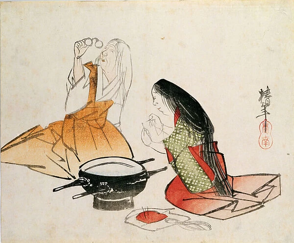 A young woman threading a needle, c. 1830 (colour woodblock print)