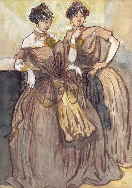 Two young women standing (gouache)