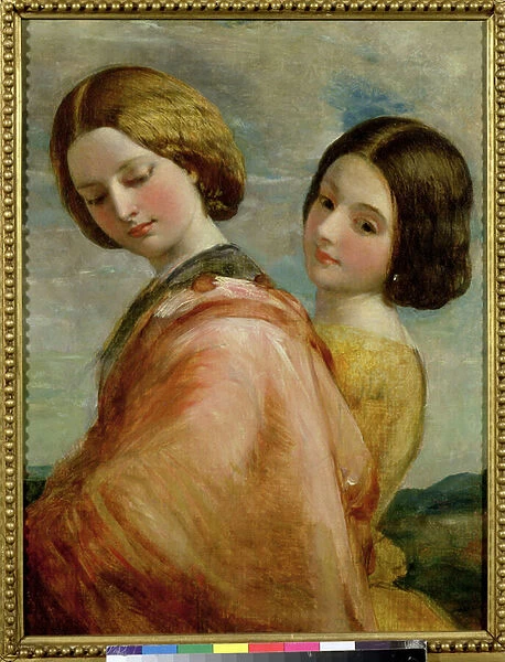Two Young Women Walking (oil on canvas)