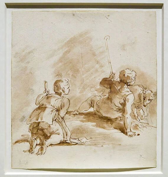 Two Youths sitting on the Ground with a Stick and a Kid, 1706-25 (pens, inks, w  /  c, red & black pencils on white paper)