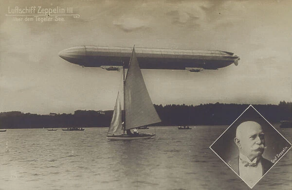 Zeppelin LZ III flying over Lake Tegel, Berlin (b  /  w photo)