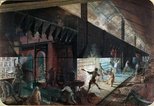 Zinc production at the Vieille Montagne factory, Saone-et-Loire, c. 1860 (w  /  c on paper)