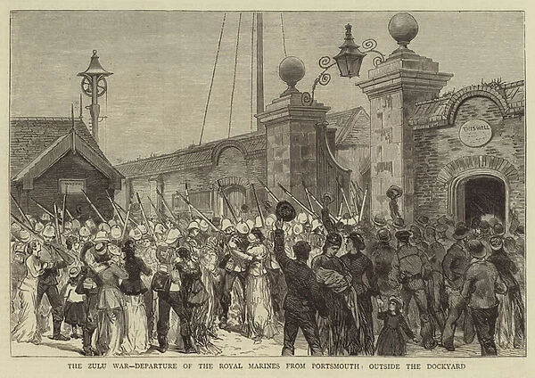 The Zulu War, Departure of the Royal Marines from Portsmouth, outside the Dockyard (engraving)