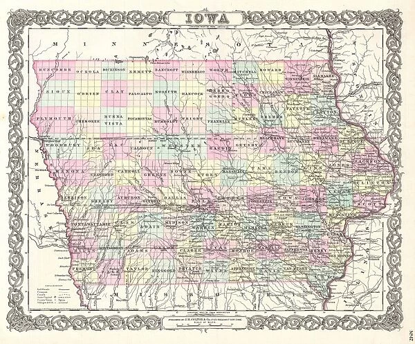 1855, Colton Map of Iowa, topography, cartography, geography, land, illustration